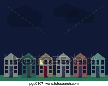 A row of homes in the night View Large Illustration Stock Illustration - A row of homes in the night. Fotosearch
