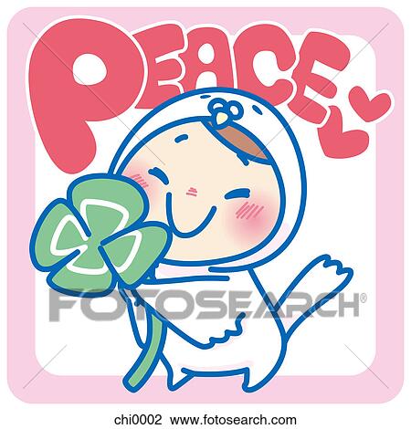 Drawing - A small child in a bird suit with a clover and the copy PEACE. Fotosearch