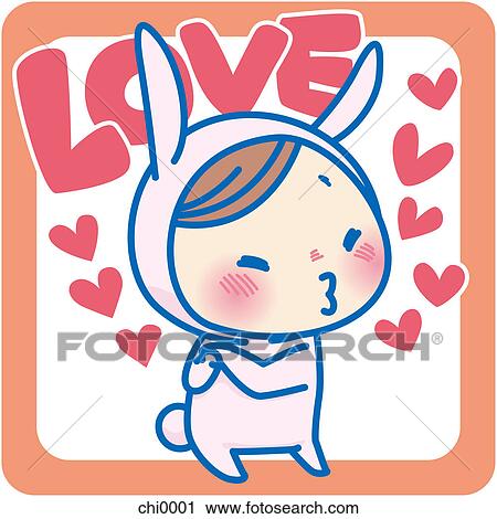 Clip Art - A small child in a bunny suit with hearts and the copy LOVE. Fotosearch