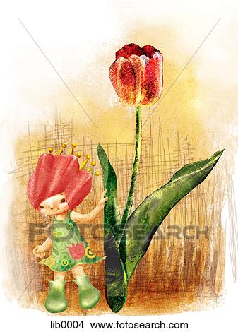 Stock Illustration - A small girl and a large tulip. Fotosearch