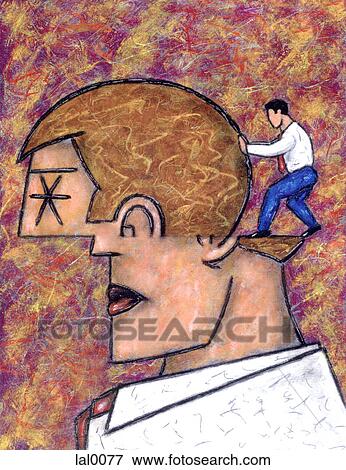 A small man opening the head of a larger man View Large Illustration Stock Illustration - A small man opening the head of a larger man. Fotosearch