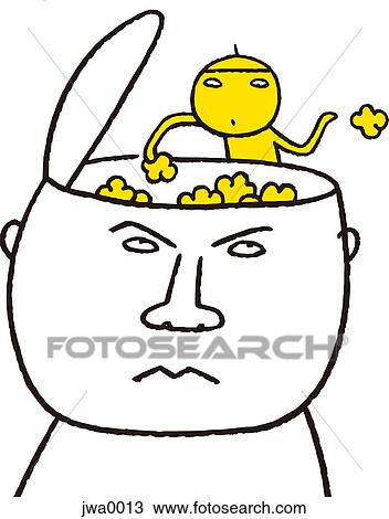 Drawing - A small yellow figure rifling through a mans brain. Fotosearch