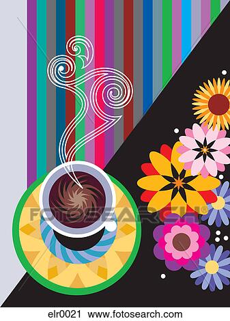 A steaming cup of coffee on a colorful background View Large Illustration Clip Art - A steaming cup of coffee on a colorful background. Fotosearch