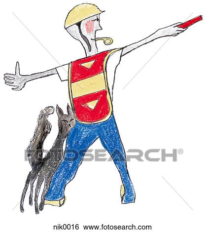 Stock Illustration - A traffic director and a black cat. Fotosearch