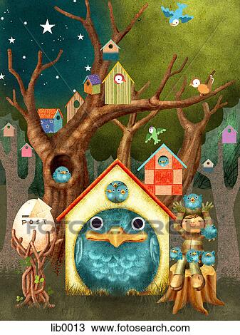 A village of bird houses View Large Illustration Drawing - A village of bird houses. Fotosearch