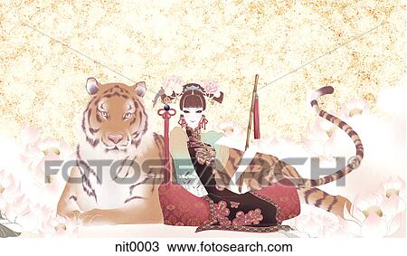 A woman and tiger View Large Illustration Drawing - A woman and tiger. Fotosearch