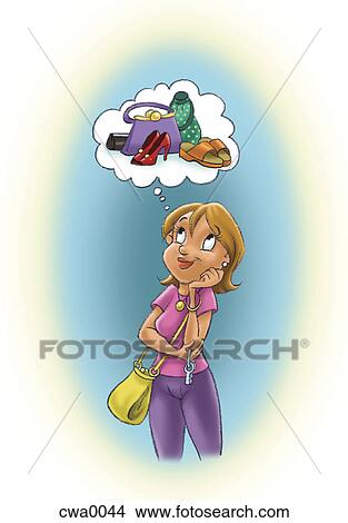 Stock Illustration - A woman daydreaming about shoes and handbags. Fotosearch