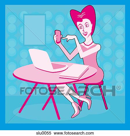 Stock Illustration - A woman dialing a number on the telephone and using a laptop computer. Fotosearch