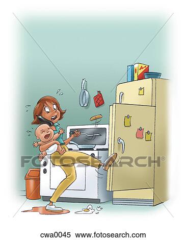 Stock Illustration - A woman multitasking with cooking, a baby and talking on the telephone. Fotosearch