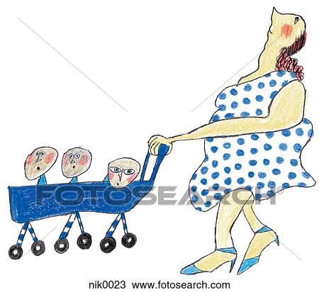 A woman pushing three children in a pram View Large Illustration Drawing - A woman pushing three children in a pram. Fotosearch