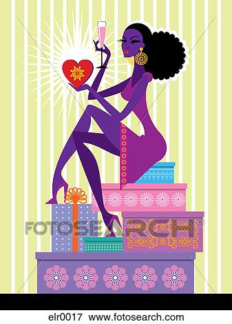 Stock Illustration - A woman sitting on top of a pile of gifts drinking champagne. Fotosearch