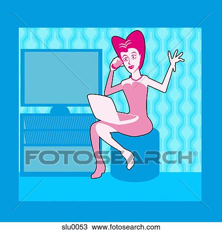 A woman talking on the telephone and balancing her laptop View Large Illustration Drawing - A woman talking on the telephone and balancing her laptop. Fotosearch