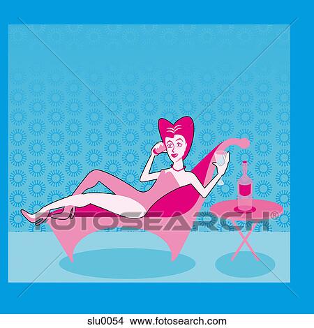 Stock Illustration - A woman talking on the telephone with a glass of champagne on a sunbed. Fotosearch