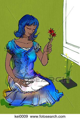 Stock Illustration - A woman trimming a red flower. Fotosearch