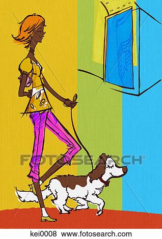 Stock Illustration - A woman walking a dog. Fotosearch
