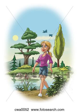 A woman walking by a lake in a forest View Large Illustration Drawing - A woman walking by a lake in a forest. Fotosearch