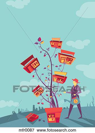 Stock Illustration - A woman watering a tree growing businesses. Fotosearch