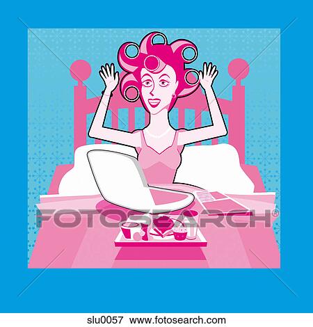 Stock Illustration - A woman with her hair set in rollers in bed working on a laptop computer. Fotosearch