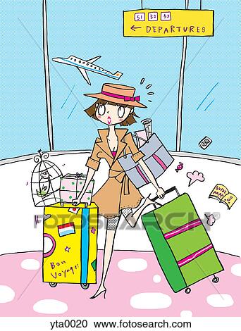 A woman with piles of luggage at an airport View Large Illustration Clipart - A woman with piles of luggage at an airport. Fotosearch