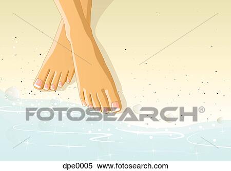 Stock Illustration - A womans feet in the sand by water. Fotosearch