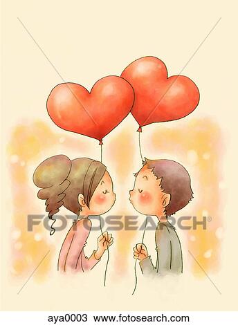 Drawing - A young boy and girl kissing holding heart shaped balloons. Fotosearch