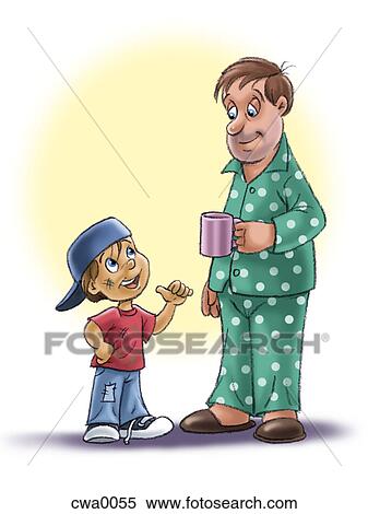 A young boy and sleepy father View Large Illustration Stock Illustration - A young boy and sleepy father. Fotosearch
