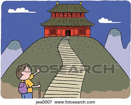 Stock Illustration - A young boy at the bottom of a path leading to a temple. Fotosearch