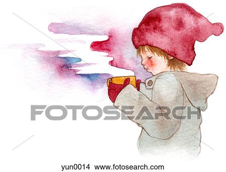 Stock Illustration - A young boy enjoying a hot drink. Fotosearch