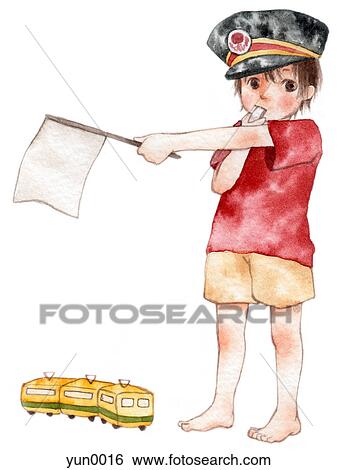 A young boy playing as a train conductor View Large Illustration Stock Illustration - A young boy playing as a train conductor. Fotosearch