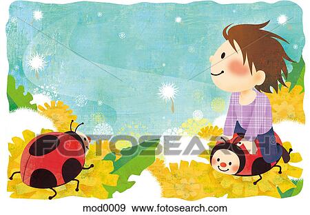 Stock Illustration - A young boy riding on a ladybug. Fotosearch