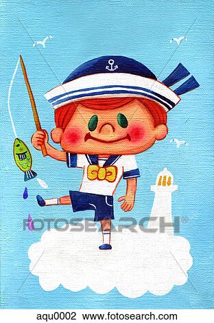 Drawing - A young boy who has caught a fish. Fotosearch
