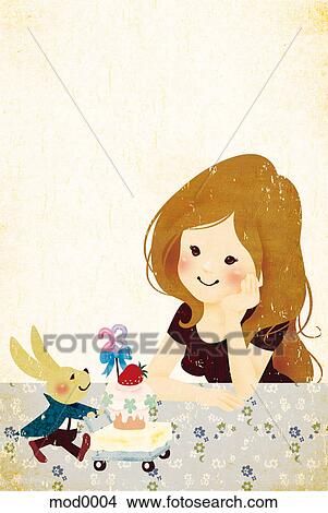 Stock Illustration - A young girl and rabbit with a cake. Fotosearch