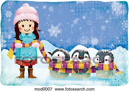 A young girl and three penguins View Large Illustration Stock Illustration - A young girl and three penguins. Fotosearch