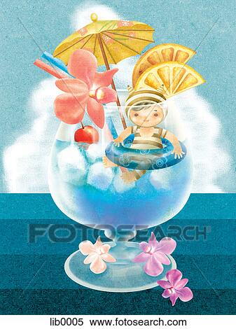 Stock Illustration - A young girl bathing in a cocktail. Fotosearch