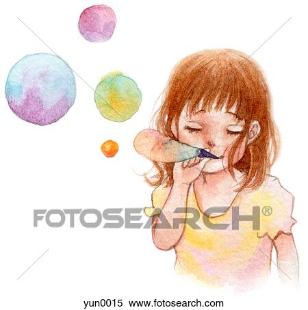 Stock Illustration - A young girl blowing bubbles. Fotosearch