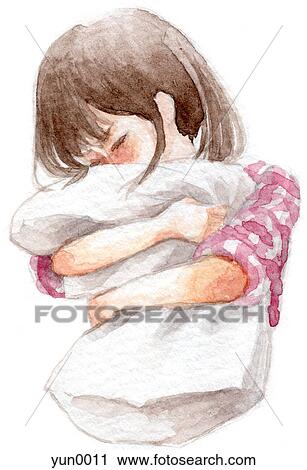 Clip Art - A young girl clutching a pillow. Fotosearch