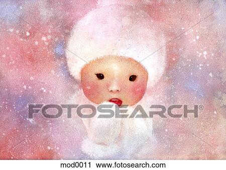 Clip Art - A young girl dressed in winter hat and mittens. Fotosearch