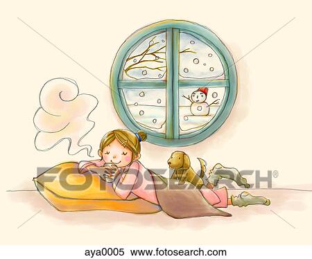 Stock Illustration - A young girl enjoying a hot drink with snow falling outside. Fotosearch
