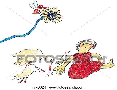 Stock Illustration - A young girl feeding birds. Fotosearch