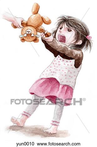 Clipart - A young girl fighting over a teddy bear. Fotosearch