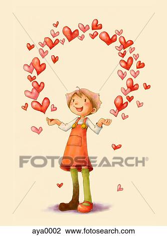 A young girl holding a ring of hearts View Large Illustration Drawing - A young girl holding a ring of hearts. Fotosearch