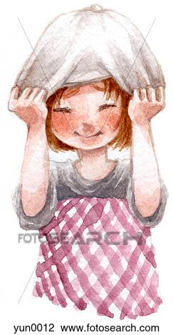 A young girl pulling a pillow over her head View Large Illustration Drawing - A young girl pulling a pillow over her head. Fotosearch