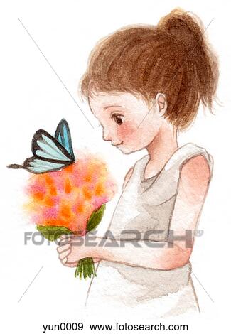 A young girl with a butterfly on a bouquet of flowers View Large Illustration Stock Illustration - A young girl with a butterfly on a bouquet of flowers. Fotosearch