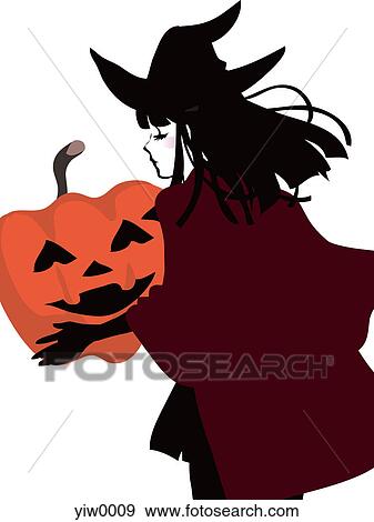 A young witch with a Halloween jack-o-lantern View Large Illustration Stock Illustration - A young witch with a Halloween jack-o-lantern. Fotosearch