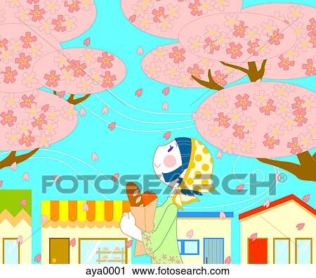 A young woman carrying loaves of bread under a row of blossom trees View Large Illustration Clip Art - A young woman carrying loaves of bread under a row of blossom trees. Fotosearch