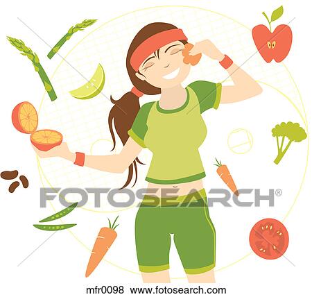 Stock Illustration - A young woman in workout gear surrounded by fruit. Fotosearch