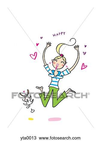 Drawing - A young woman jumping in happiness. Fotosearch