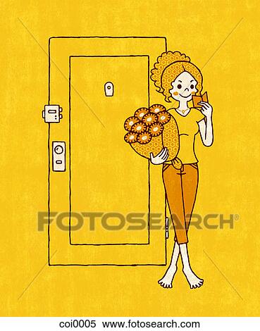 Stock Illustration - A young woman receiving a bunch of flowers. Fotosearch