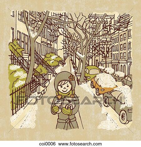 Stock Illustration - A young woman walking through a snow covered street. Fotosearch