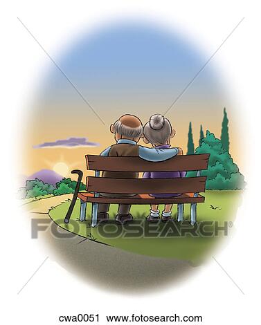 Clip Art - An elderly couple enjoying a sunset on a park bench. Fotosearch